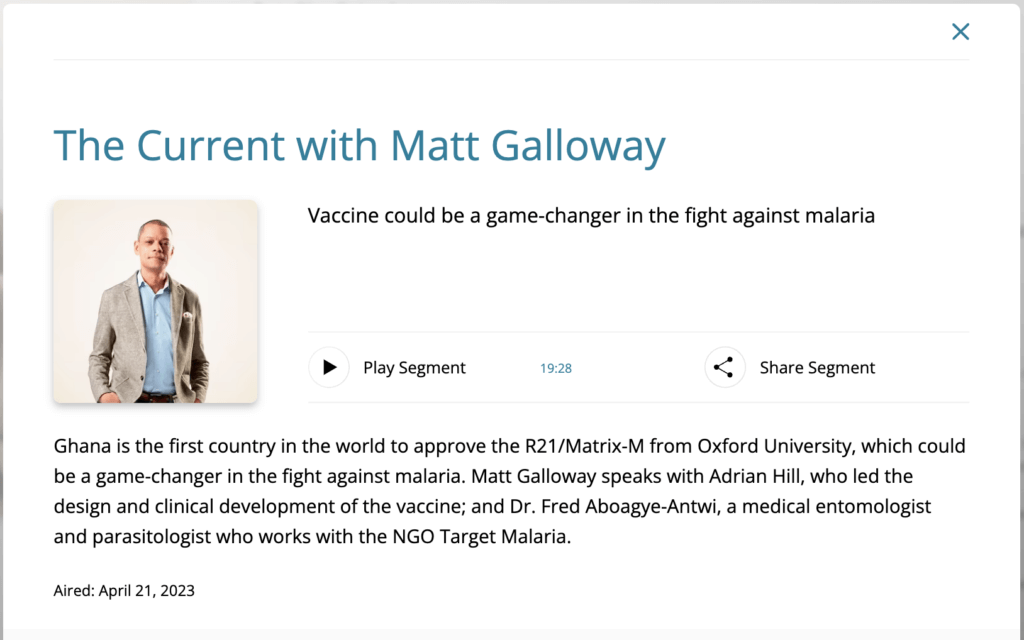 Screenshot of a webpage featuring a radio show titled 'The Current with Matt Galloway'. Subheading reads: 'Vaccine could be a game changer in the fight against malaria'.