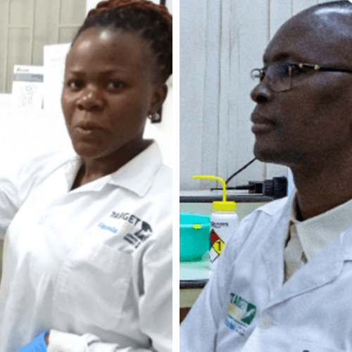 Side by side photos of Angella Nakamaanya and Roger Sanou in lab coats