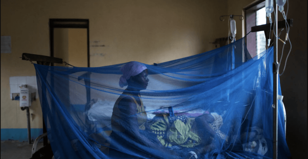 A photo of one person lying on a bed, and a woman sitting beside them. The two people and the bed are covered by a large blue mosquito-prevention net