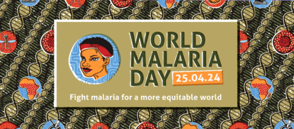 Traditional African wax pattern featuring symbols related to Target Malaria, such as an outline of Africa, a mosquito, a microscope and an African woman. In front of the pattern, there is a text box that reads: World malaria day, 25.04.24. Fight malaria for a more equitable world.