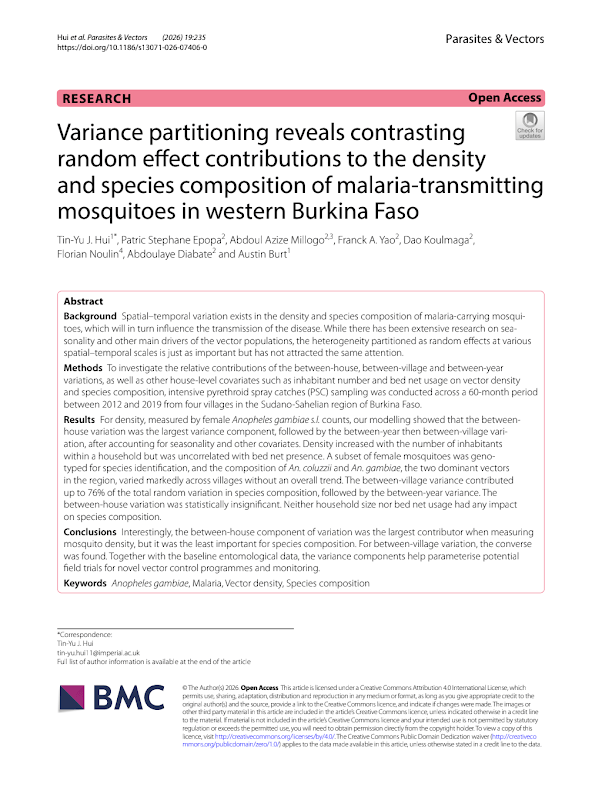 Variance partitioning reveals contrasting random effect contributions to the density and species composition of malaria-transmitting mosquitoes in western Burkina Faso